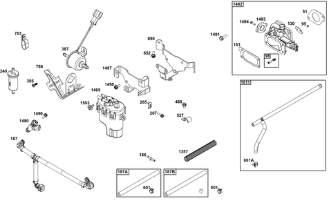 Throttle Body And Fuel Supply Group Diagram and Parts List for 54E177-0108-J1 400000 - 699999 Briggs and Stratton Engine